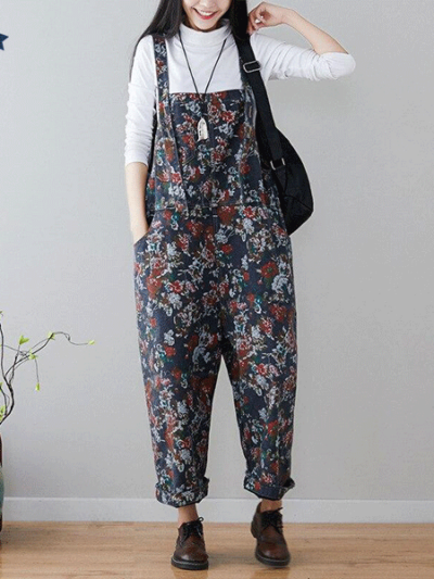 Γυναικεία Floral Printed Jean Overalls